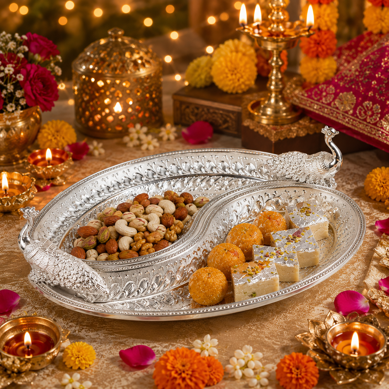 German Silver Peacock Serving Platter for Dry Fruits, Sweets, Chocolates & Festive Home Décor | Premium Decorative Gift Tray