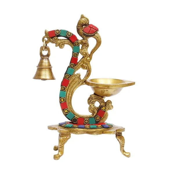 Brass Multicolor Bird Peacock Traditional Hanging Bell Diya