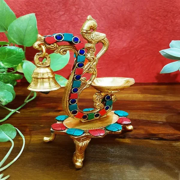 Brass Multicolor Bird Peacock Traditional Hanging Bell Diya