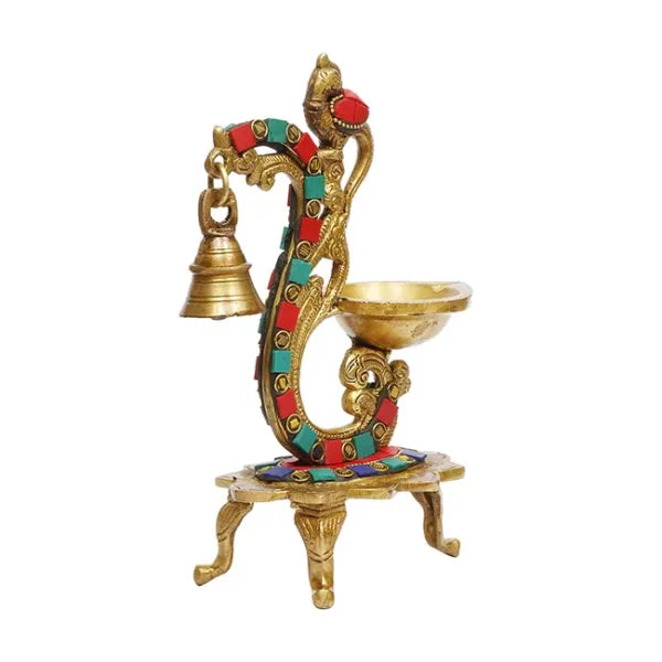 Brass Multicolor Bird Peacock Traditional Hanging Bell Diya