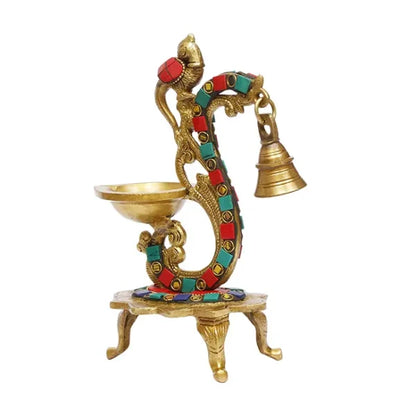 Brass Multicolor Bird Peacock Traditional Hanging Bell Diya