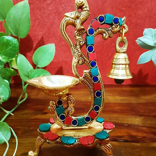 Brass Multicolor Bird Peacock Traditional Hanging Bell Diya