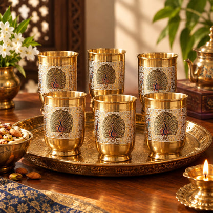 Handcrafted Brass Tumbler Set of 6 with Peacock Meenakari Design – Luxury Gift Box Set"