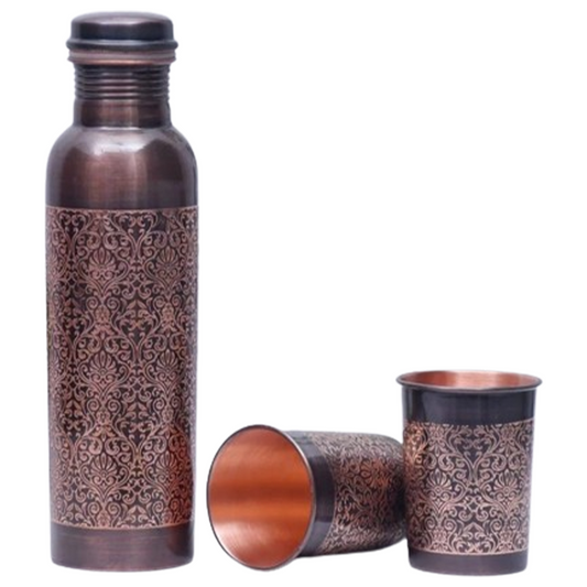 Traditional Indian Pattern Design  - 100% Pure Copper Bottle Set with 2 Glasses