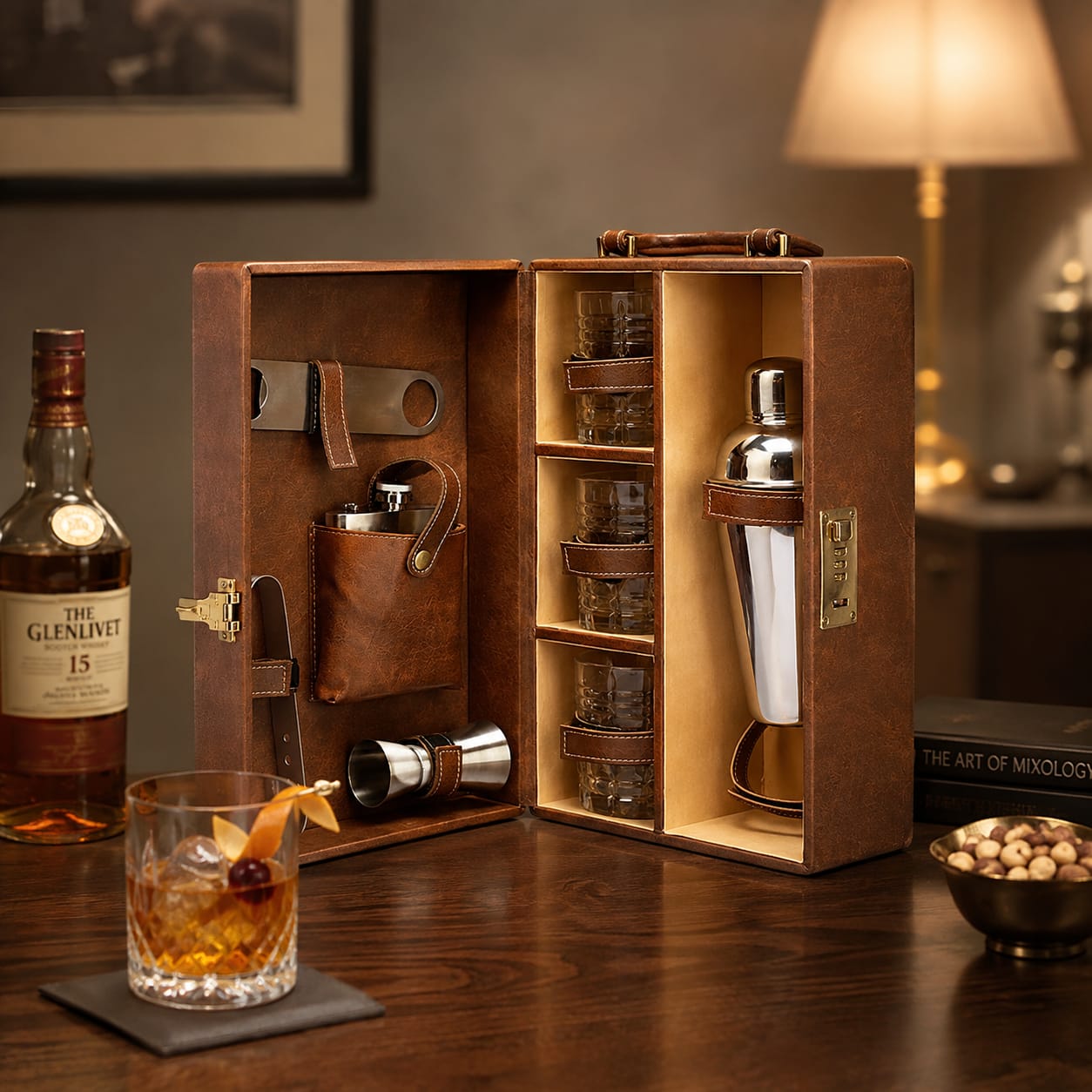 Premium Travel Portable Bar set Brown Leather- 3 glass