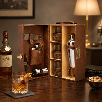 Premium Travel Portable Bar set Brown Leather- 3 glass