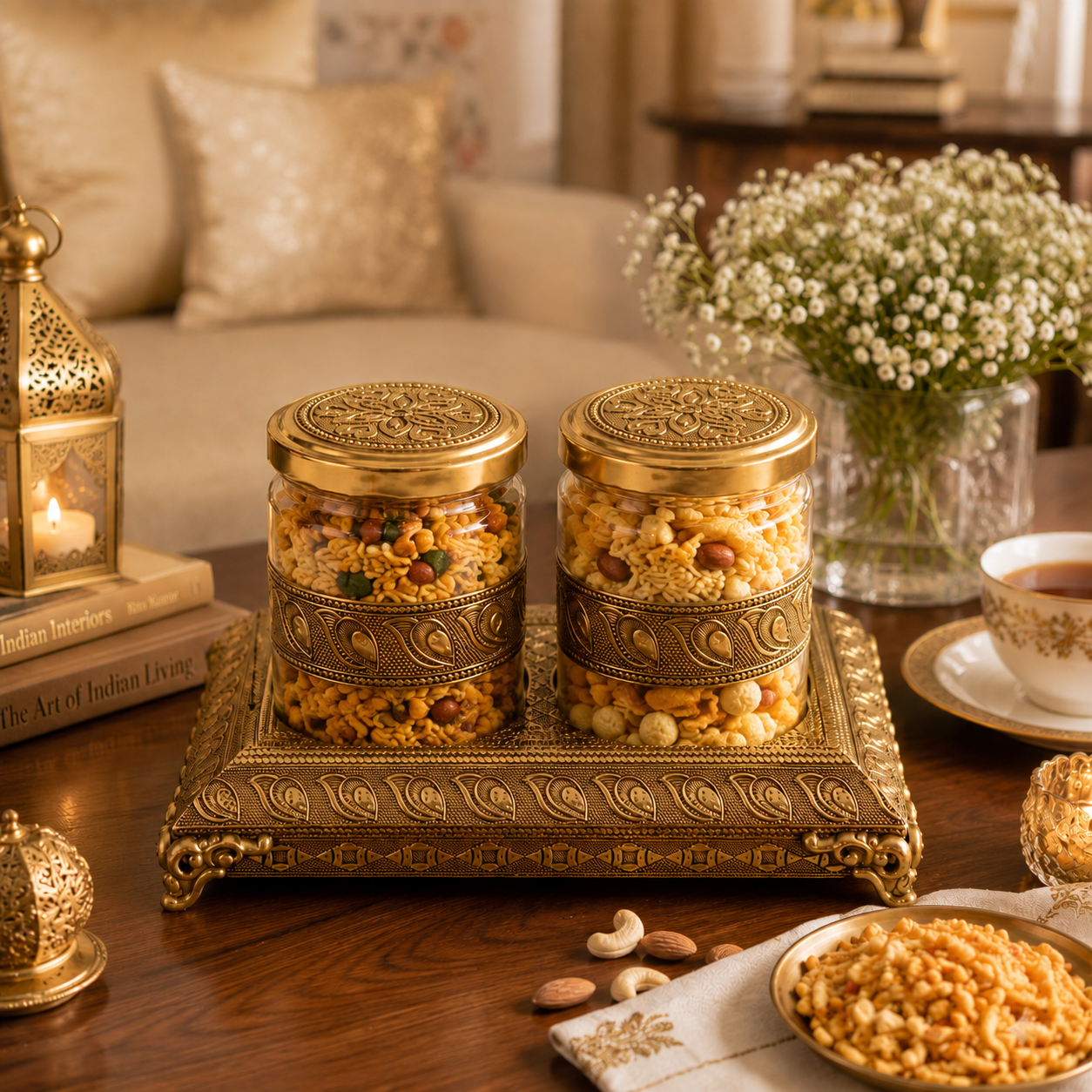 Antique Golden Dry Fruit Jars with Tray – Set of 2 | Diwali Gift Décor