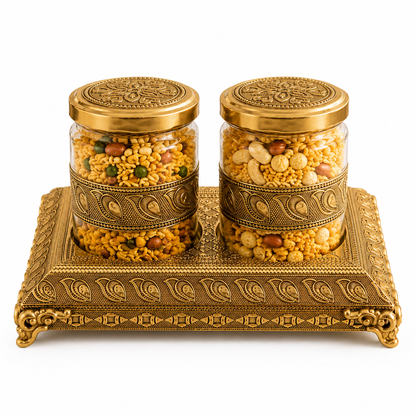Antique Golden Dry Fruit Jars with Tray – Set of 2 | Diwali Gift Décor