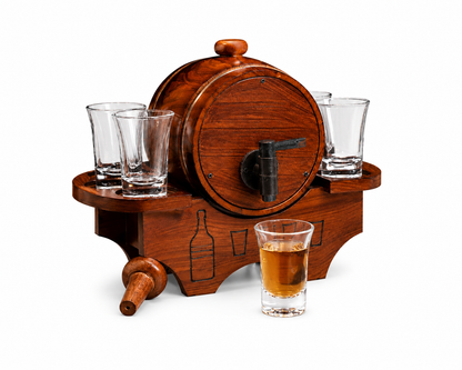 Wooden Barrel Decanter with 6 Whiskey Glasses