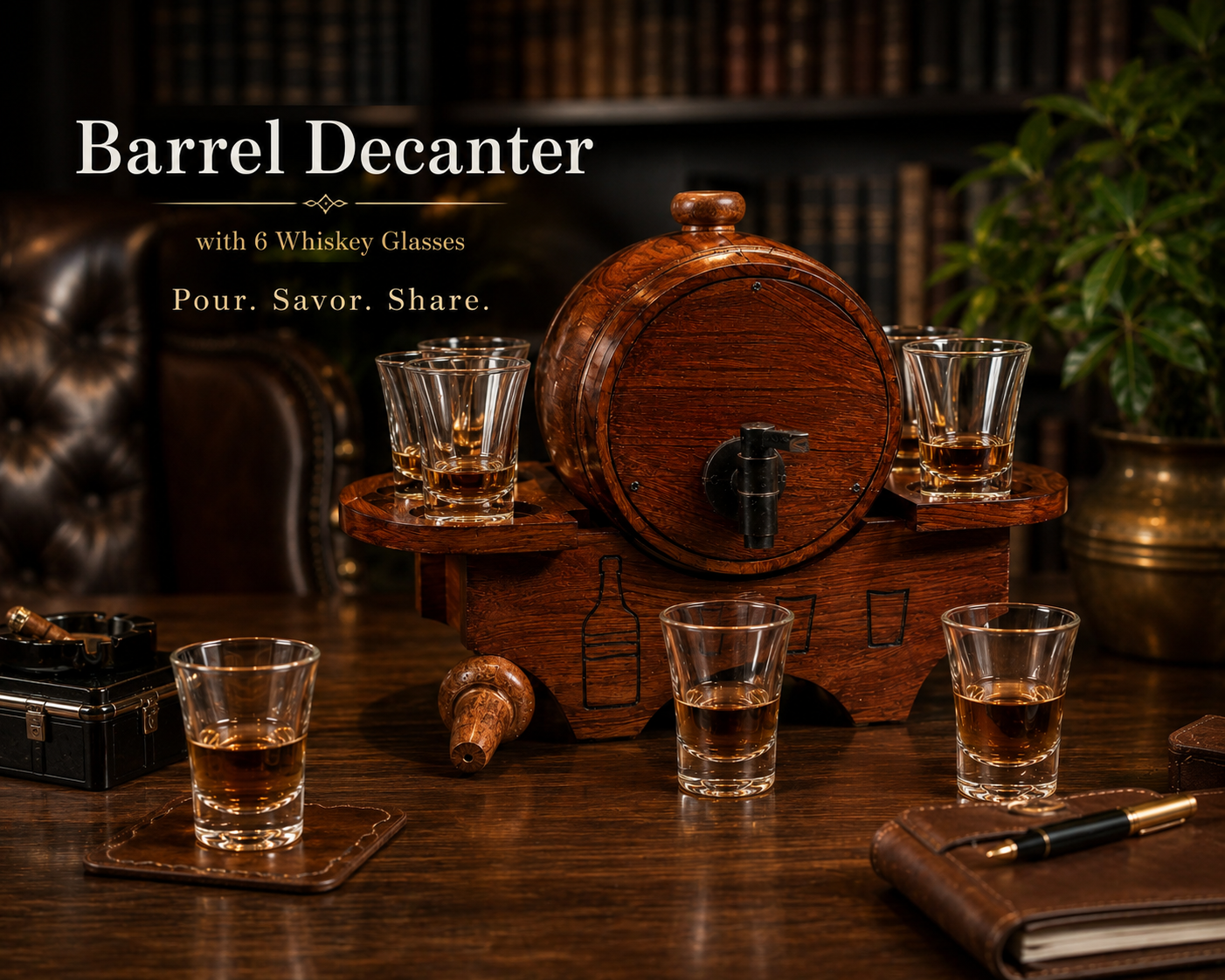 Wooden Barrel Decanter with 6 Whiskey Glasses