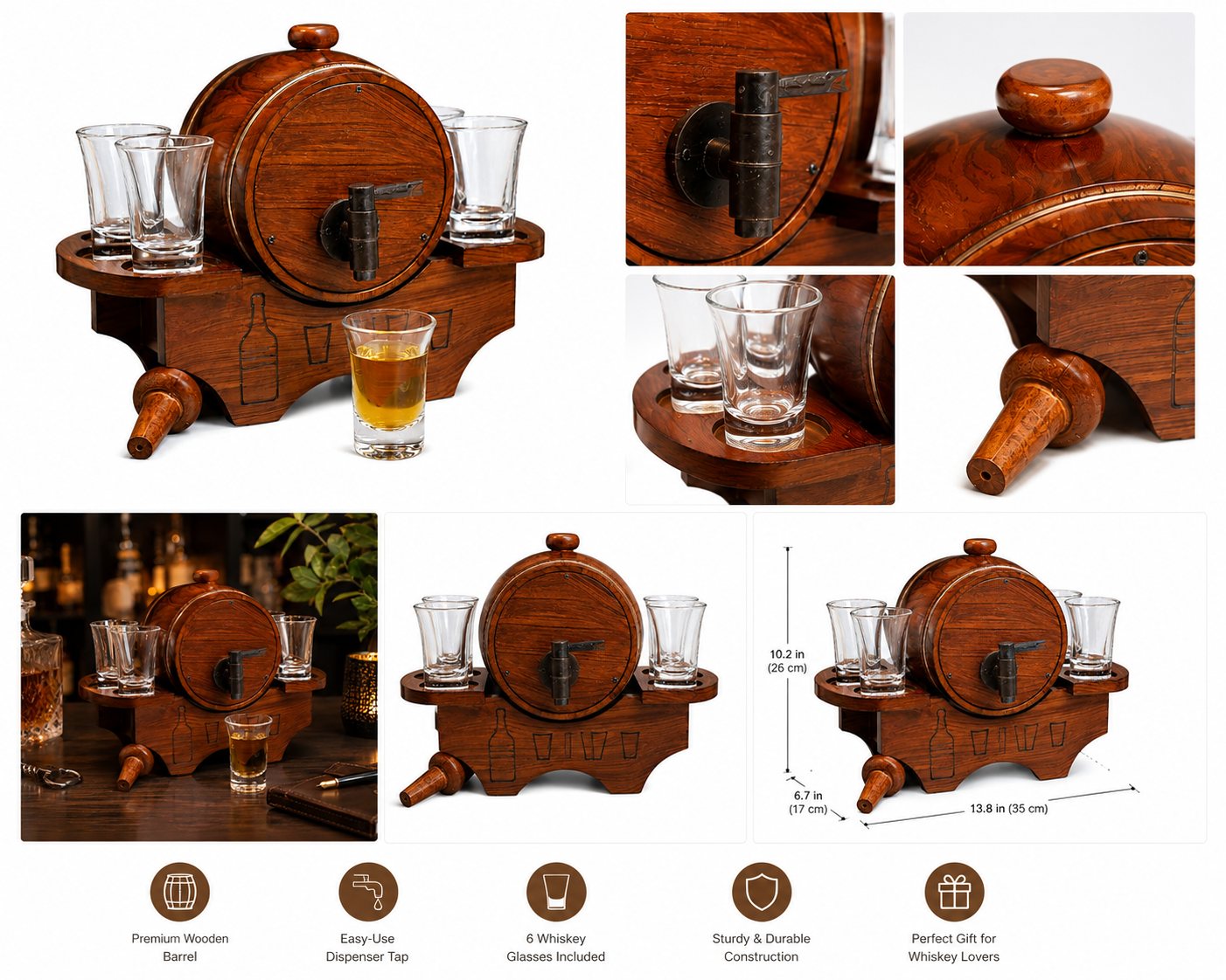 Wooden Barrel Decanter with 6 Whiskey Glasses
