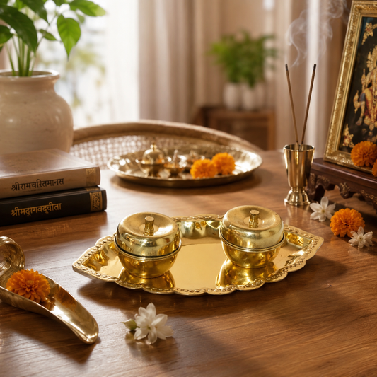 Brass Kumkum Sindoor Plate | Leaf Design with 2 Bowls and Lids | Pooja Thali Storage Set | Decorative Metal Plate for Home Use | Gold Finish...