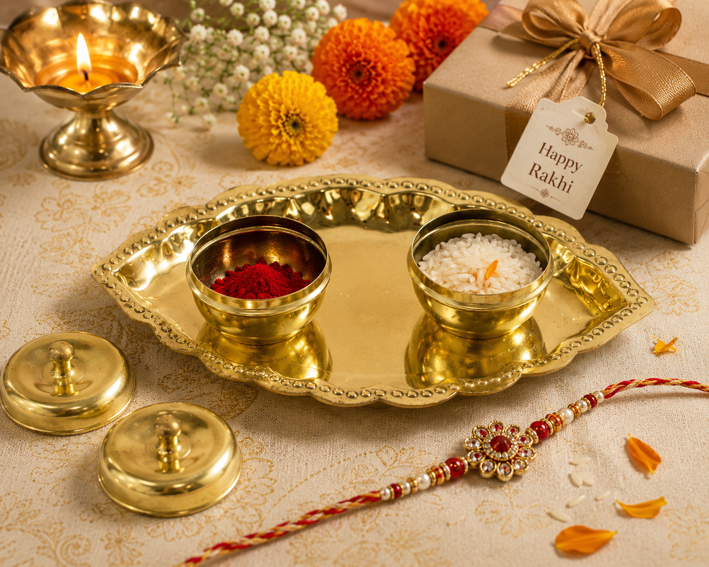 Brass Kumkum Sindoor Plate | Leaf Design with 2 Bowls and Lids | Pooja Thali Storage Set | Decorative Metal Plate for Home Use | Gold Finish...