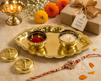 Brass Kumkum Sindoor Plate | Leaf Design with 2 Bowls and Lids | Pooja Thali Storage Set | Decorative Metal Plate for Home Use | Gold Finish...