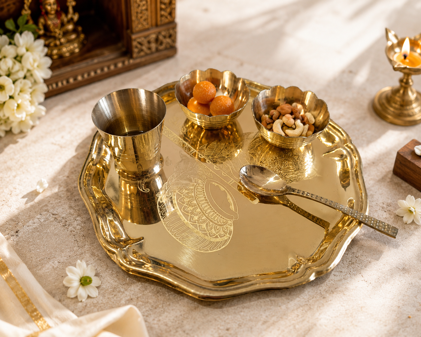 Premium Brass Bhog Thali Set for Pooja & Prasad Offering | Traditional Brass Pooja Thali