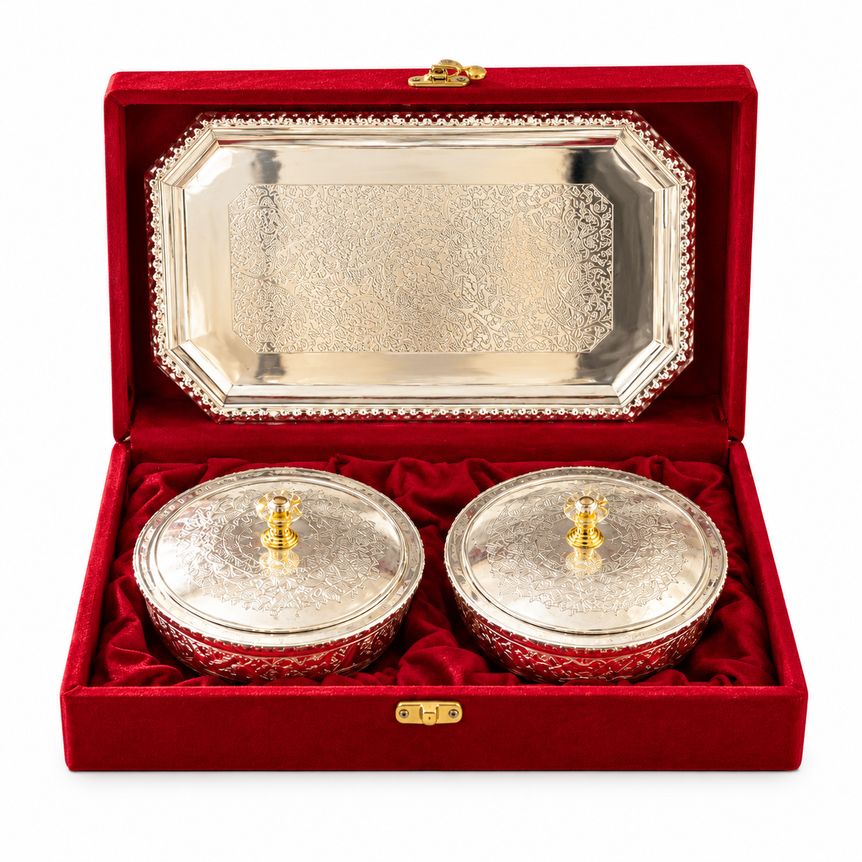 Embossed German  Silver Serving Bowl Set with Domed Lids & Rectangular Tray – Festive Dry Fruit Set (Copy)
