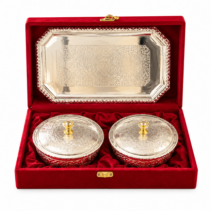 Embossed German  Silver Serving Bowl Set with Domed Lids & Rectangular Tray – Festive Dry Fruit Set (Copy)