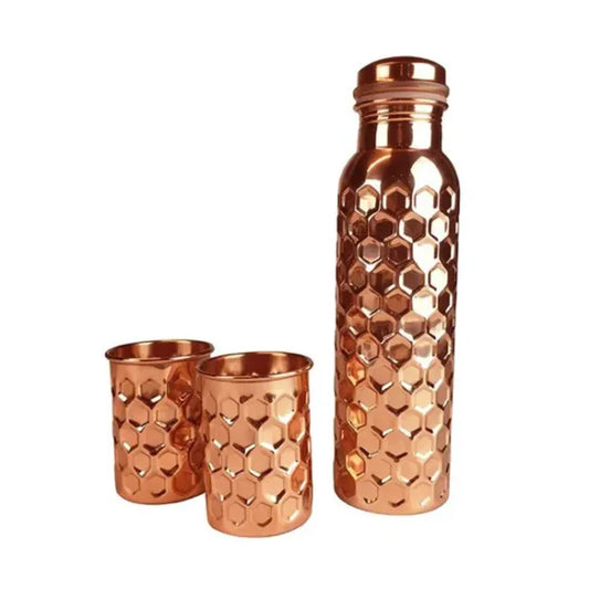 Diamond Cut - 100% Pure Copper Bottle Set with 2 Glasses