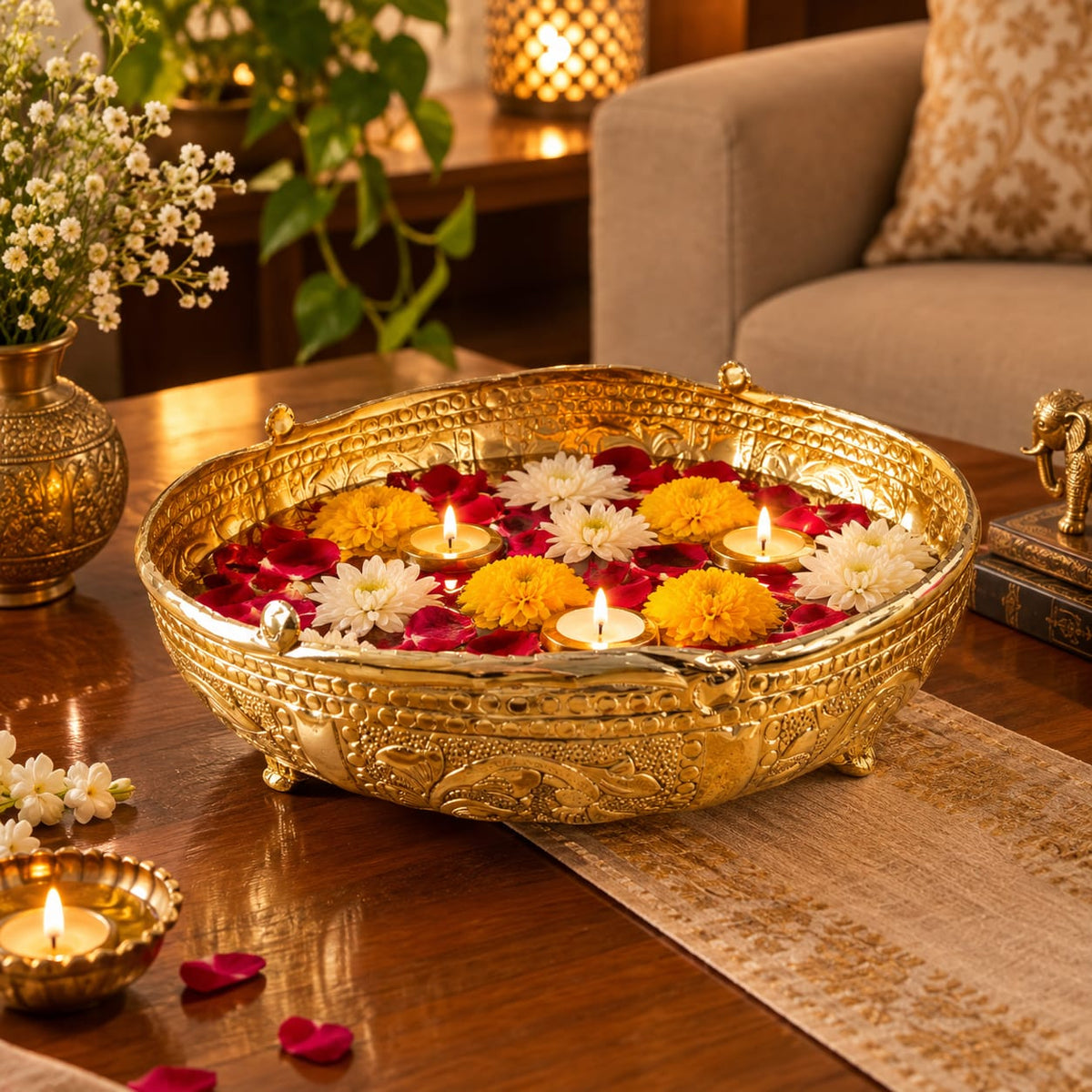 Antique Metal Urli Bowls for Floating Flowers & Candles –