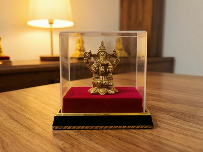 Brass Ganesh Idol in Acrylic Gift Box with Red Velvet Base – Handcrafted Ganpati Murti for Pooja, Car Dashboard & Gifting