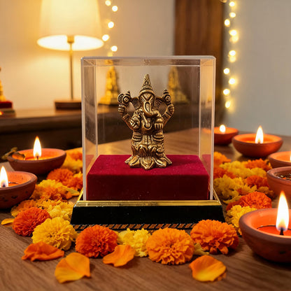 Brass Ganesh Idol in Acrylic Gift Box with Red Velvet Base – Handcrafted Ganpati Murti for Pooja, Car Dashboard & Gifting