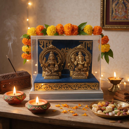 Brass Lakshmi Ganesh Idol Set with Acrylic Gift Box – Shubh Labh Handcrafted Murti for Diwali Pooja & Gifting