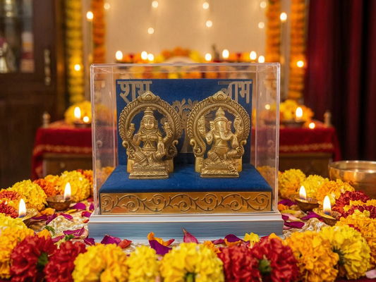 Brass Lakshmi Ganesh Idol Set with Acrylic Gift Box – Shubh Labh Handcrafted Murti for Diwali Pooja & Gifting