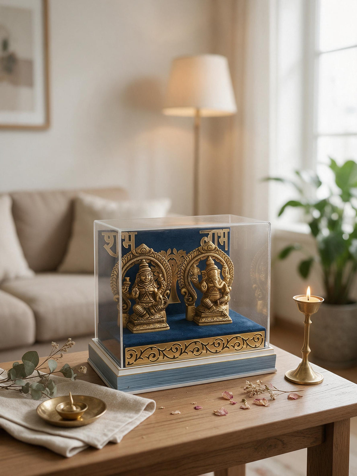 Brass Lakshmi Ganesh Idol Set with Acrylic Gift Box – Shubh Labh Handcrafted Murti for Diwali Pooja & Gifting