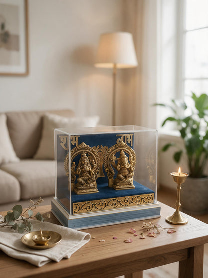 Brass Lakshmi Ganesh Idol Set with Acrylic Gift Box – Shubh Labh Handcrafted Murti for Diwali Pooja & Gifting