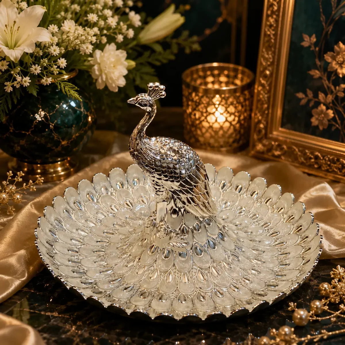 Luxury Silver Peacock Jewellery Organizer Tray | Elegant Centerpiece for Home Décor & Festive Gifting