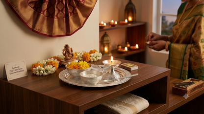 Engraved German  Silver Pooja Thali Set – Traditional Worship Plate for Diwali & Daily Ritua 6"