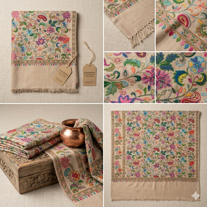 Premium Kashmiri Floral Pashmina Shawl for Women | Multicolor Embroidered Soft Winter Shawl | Luxury Designer Wrap