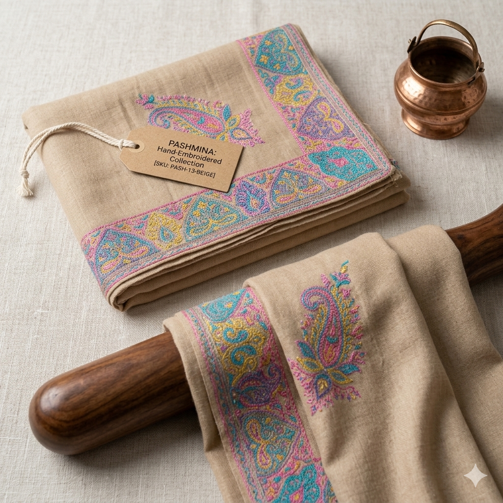 Premium Beige Kashmiri Pashmina Shawl for Women | Multicolor Paisley Embroidered Soft Winter Shawl | Luxury Designer Wrap