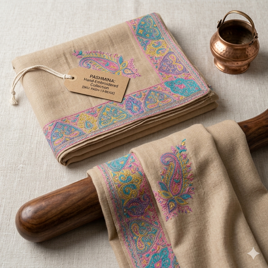 Premium Beige Kashmiri Pashmina Shawl for Women | Multicolor Paisley Embroidered Soft Winter Shawl | Luxury Designer Wrap