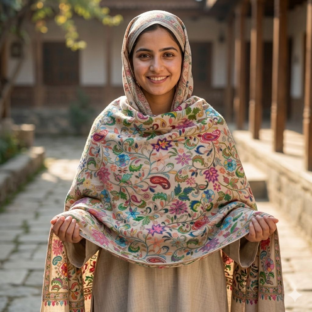Premium Kashmiri Floral Pashmina Shawl for Women | Multicolor Embroidered Soft Winter Shawl | Luxury Designer Wrap