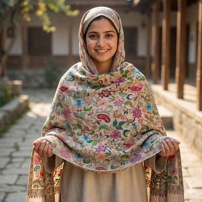 Premium Kashmiri Floral Pashmina Shawl for Women | Multicolor Embroidered Soft Winter Shawl | Luxury Designer Wrap