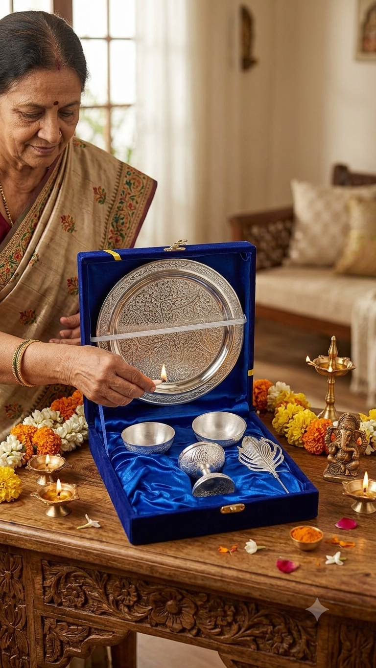Engraved German  Silver Pooja Thali Set – Traditional Worship Plate for Diwali & Daily Ritua 6"