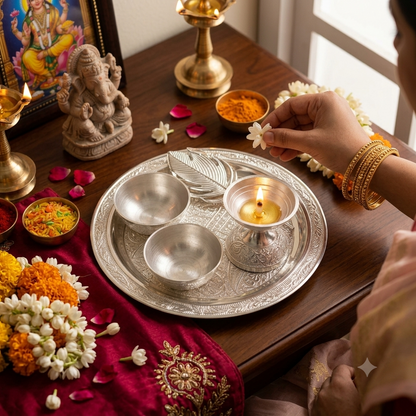 Engraved German  Silver Pooja Thali Set – Traditional Worship Plate for Diwali & Daily Ritua 6"