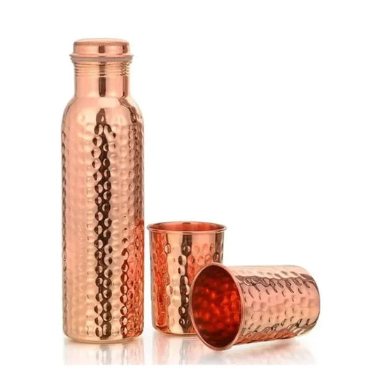 Hammered Finish - 100% Pure Copper Bottle Set with 2 Glasses