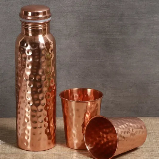Hammered Finish - 100% Pure Copper Bottle Set with 2 Glasses - JAIN ART VILLA