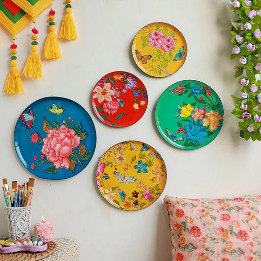 Pastel Multicolor Floral Iron Wall Art Plates - Set of 5