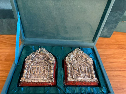 999 Silver Shubh Labh Wall Hanging Set with Wooden Base | Vastu & Entrance Decor | Luxury Gift