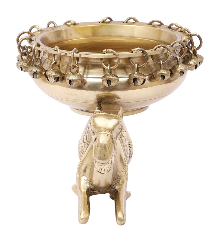 Brass Urli Bowl with Bells Sitting over Camel