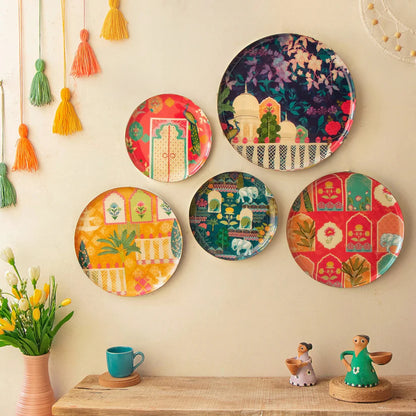 Multicolor Vintage India Hand-painted Wall Plates - Set of 5