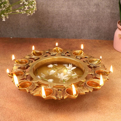 Brass Urli Bowl with 11 Lotus-shaped Diyas