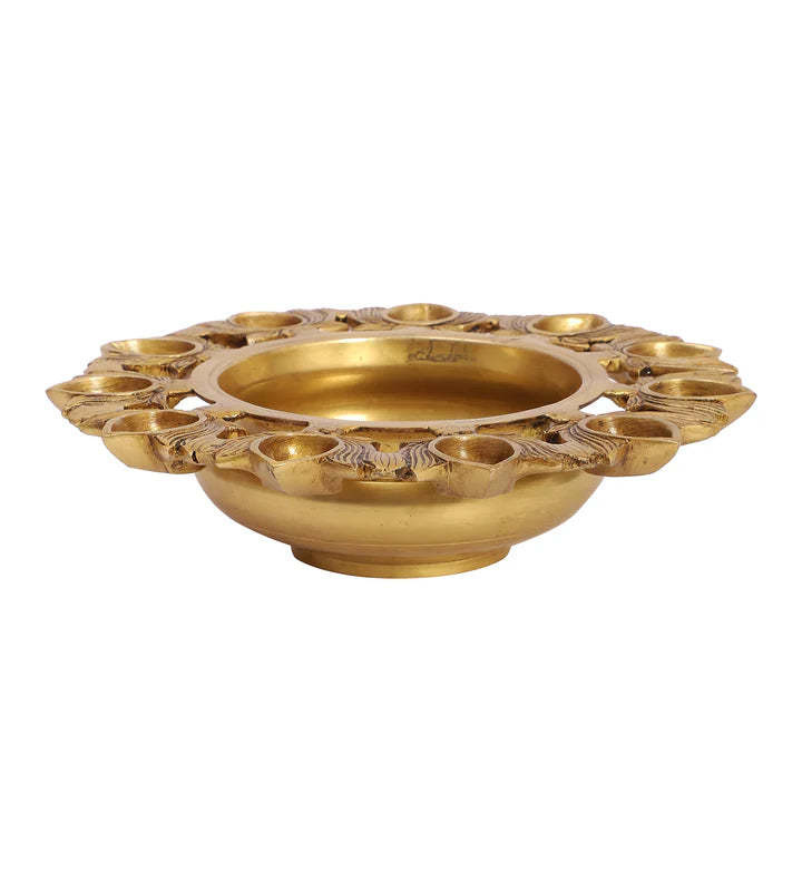 Brass Urli Bowl with 11 Lotus-shaped Diyas