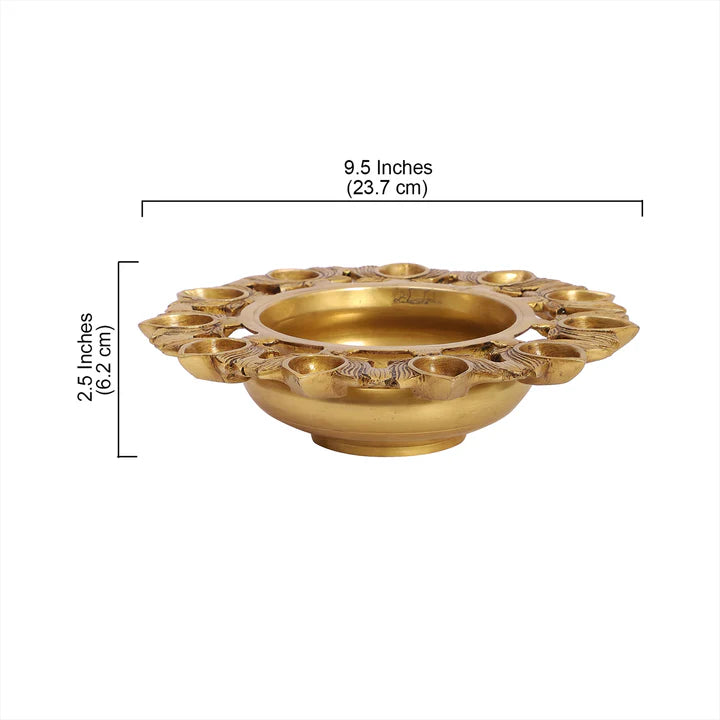 Brass Urli Bowl with 11 Lotus-shaped Diyas