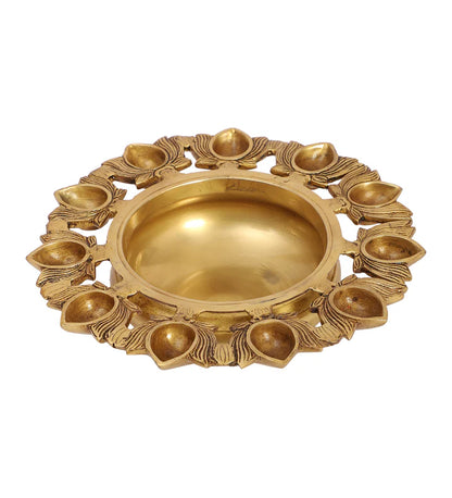 Brass Urli Bowl with 11 Lotus-shaped Diyas