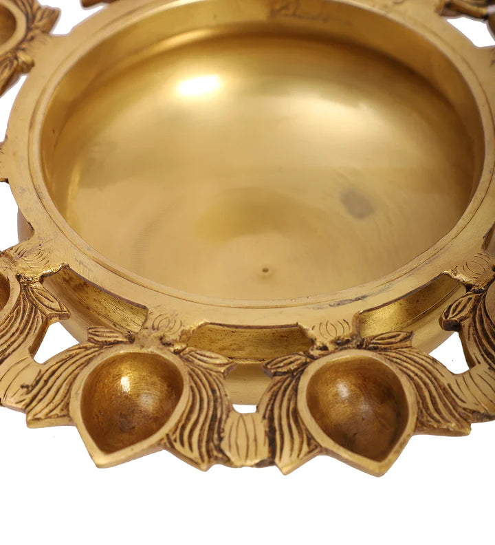 Brass Urli Bowl with 11 Lotus-shaped Diyas