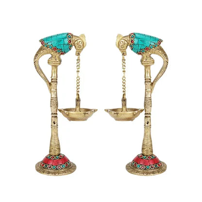 Stone work Brass Parrot Lamp with Hanging Diya